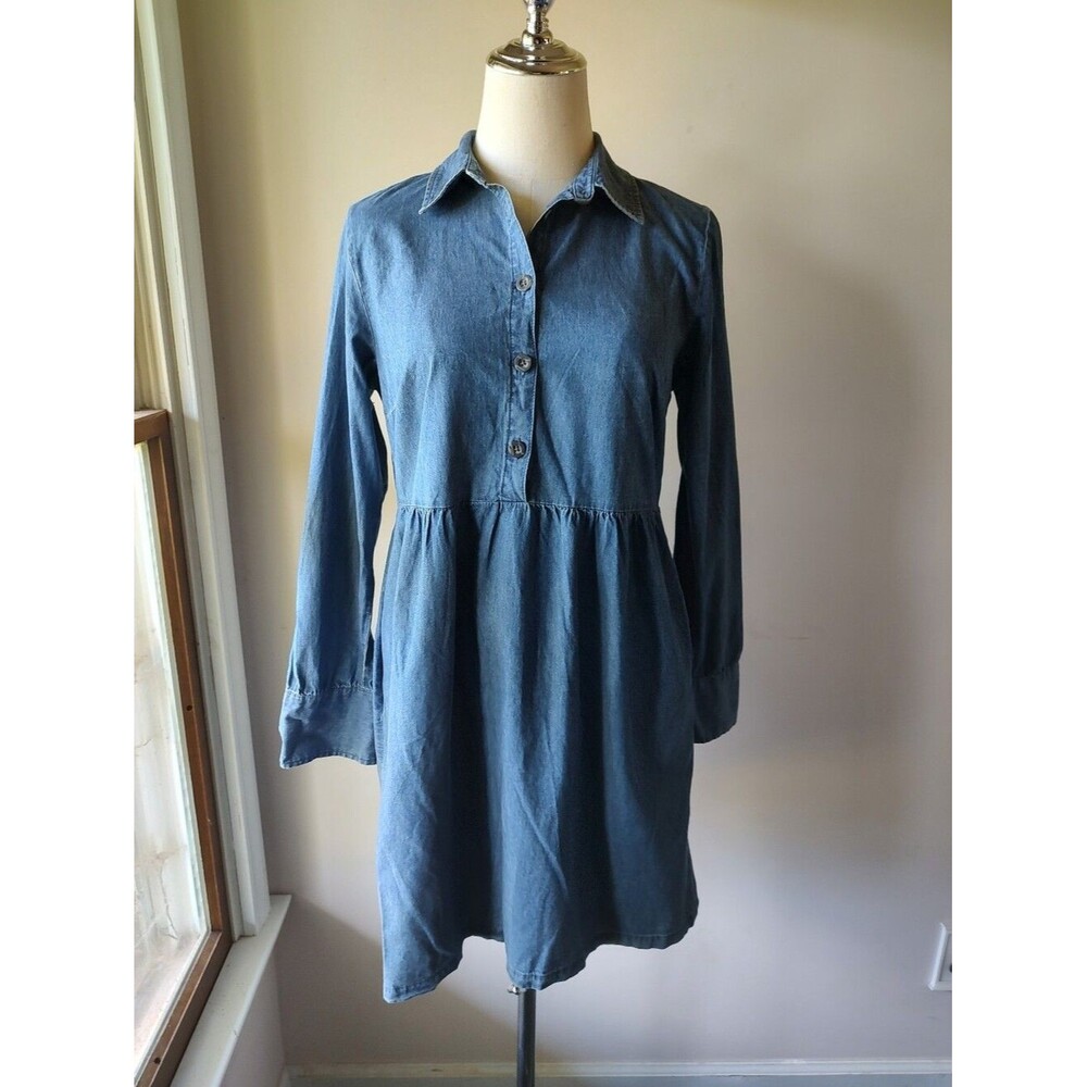 Nine West Blue Denim Button Long Sleeve Shirt Dress - Classic Collared Style XS